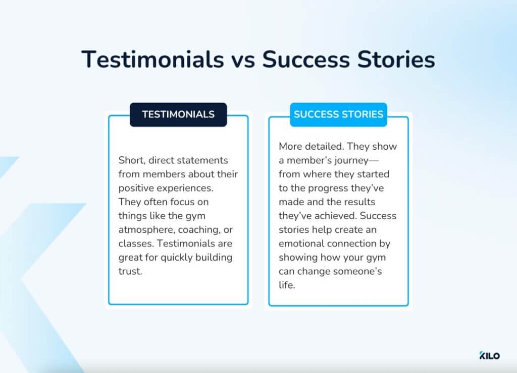 difference between testimonials and success stories for gyms