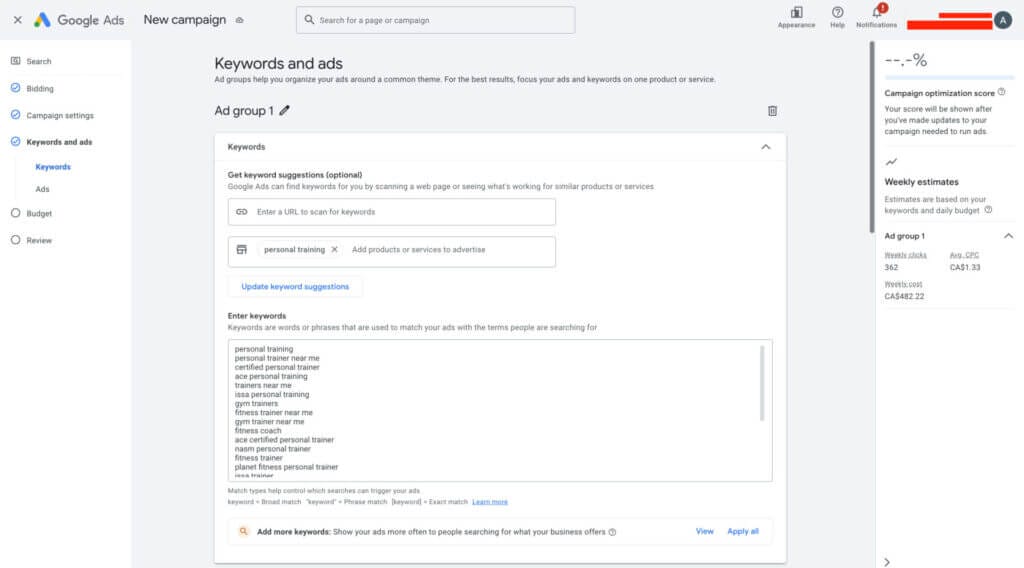 Add all your keywords for your Google Ads Campaign