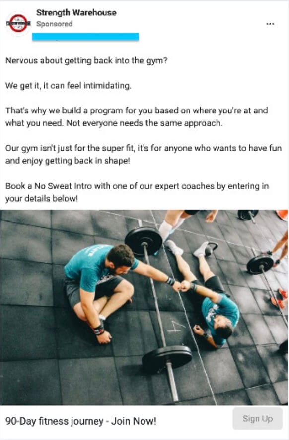 5 Facebook Ads for Gyms Delivering Amazing Results Right Now 1 Strength Warehouse example of a curated add for Specific Gym Audiences
