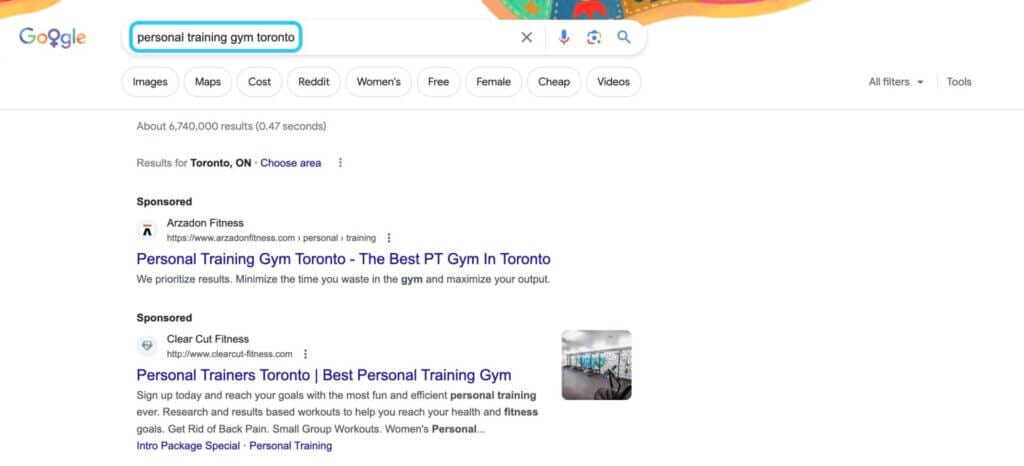 5 Secrets to Getting Higher Gym ROI with Google Ads 1 SERP for personal training gym in Toronto