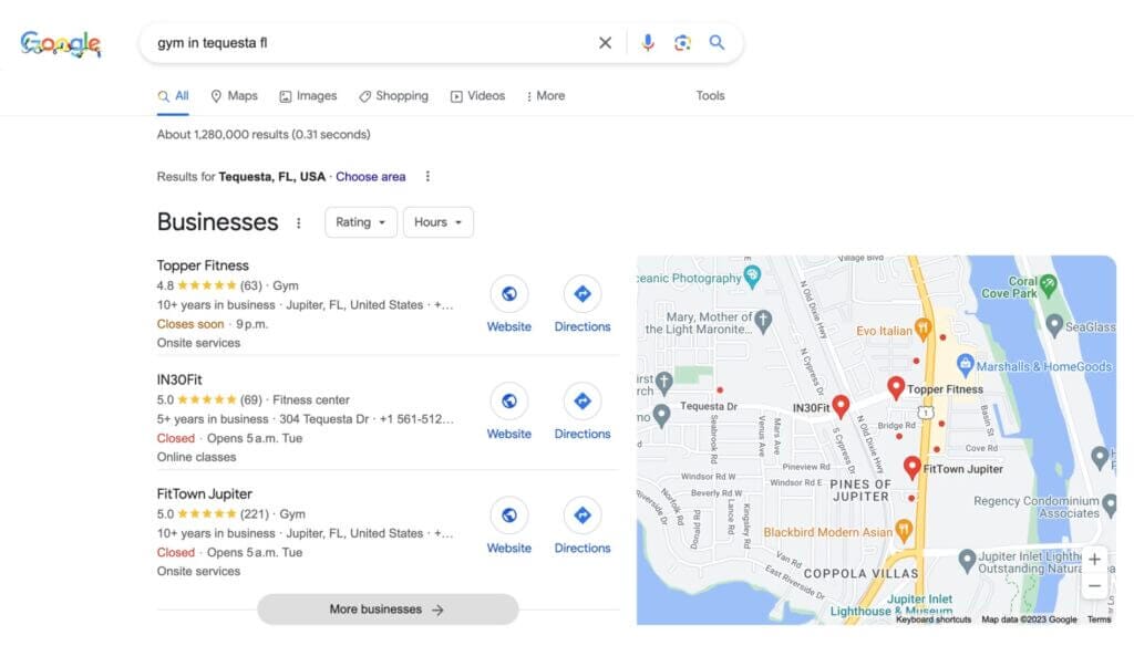 7 Local SEO Tips Every Gym Should Implement Immediately 1 Google SERP for local gyms in Tequesta, FL