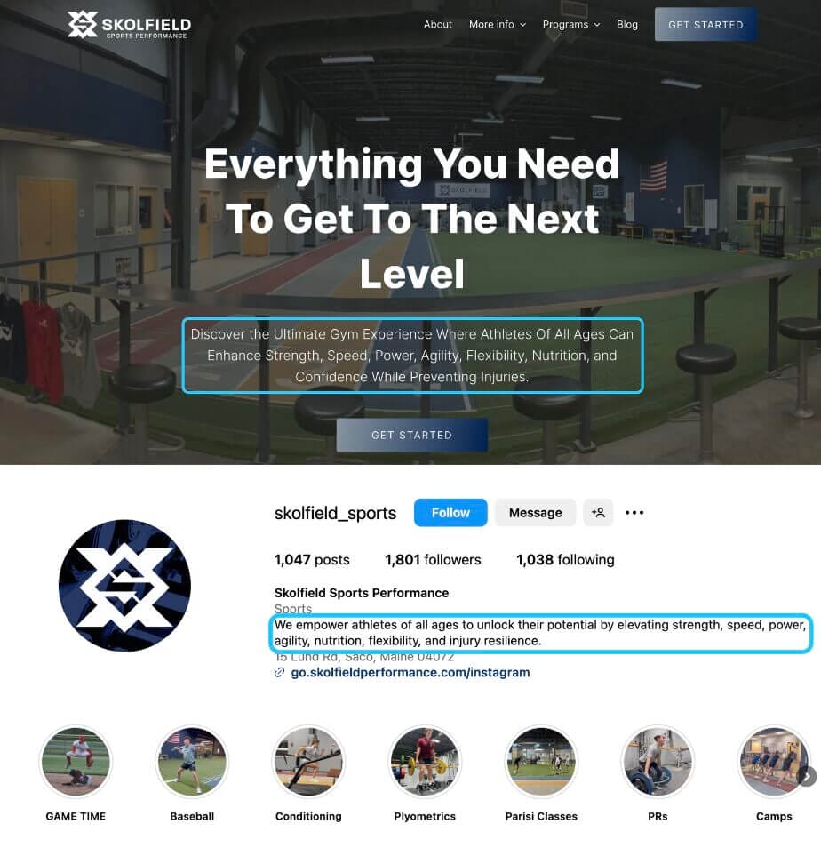 8 Effective Marketing Strategies for Your Fitness Business 1 Skolfield Sports Performance website and Instagram