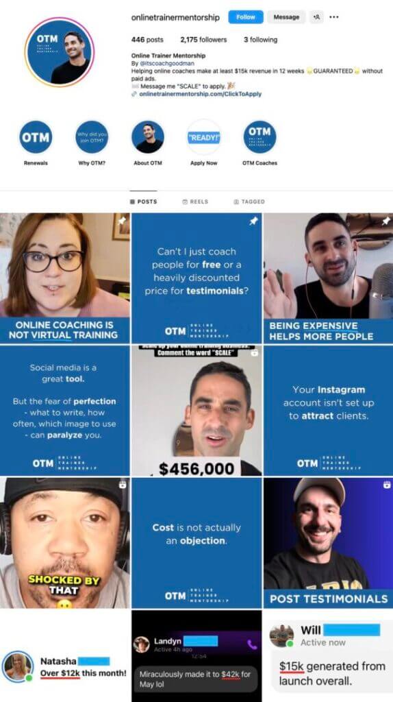 onlinetrainermentorship uses instagram as a sales app