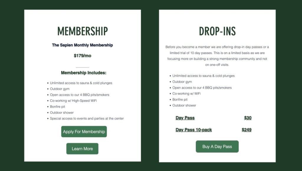 memberships and drop in options for social club