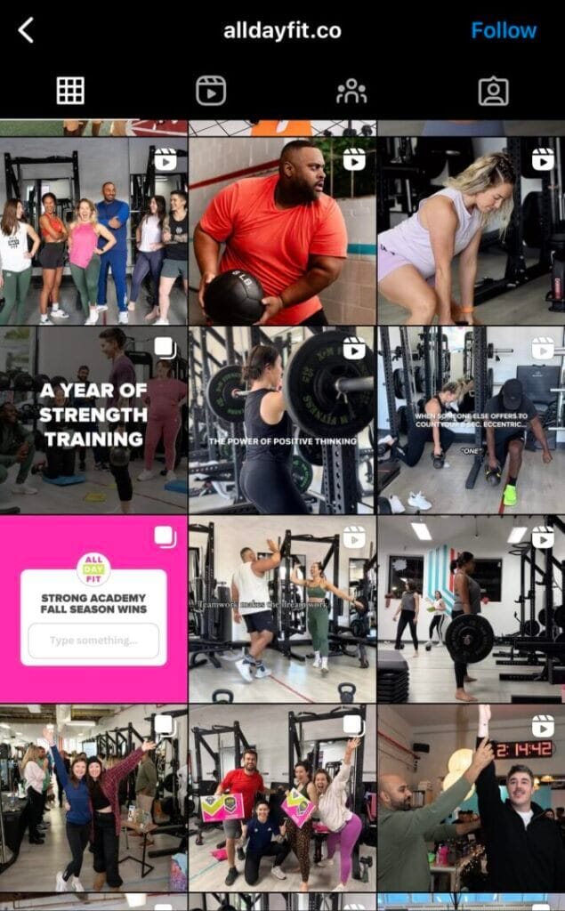 Our Top 10 Content Marketing Strategies for Maximizing Leads and Sales in Your Gym 1 screenshot of alldayfit.co gym instagram account