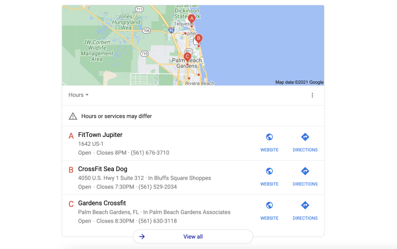 The Guide to Local SEO for Gym Owners 4 CrossFit Jupiter Snack Pack Google 1