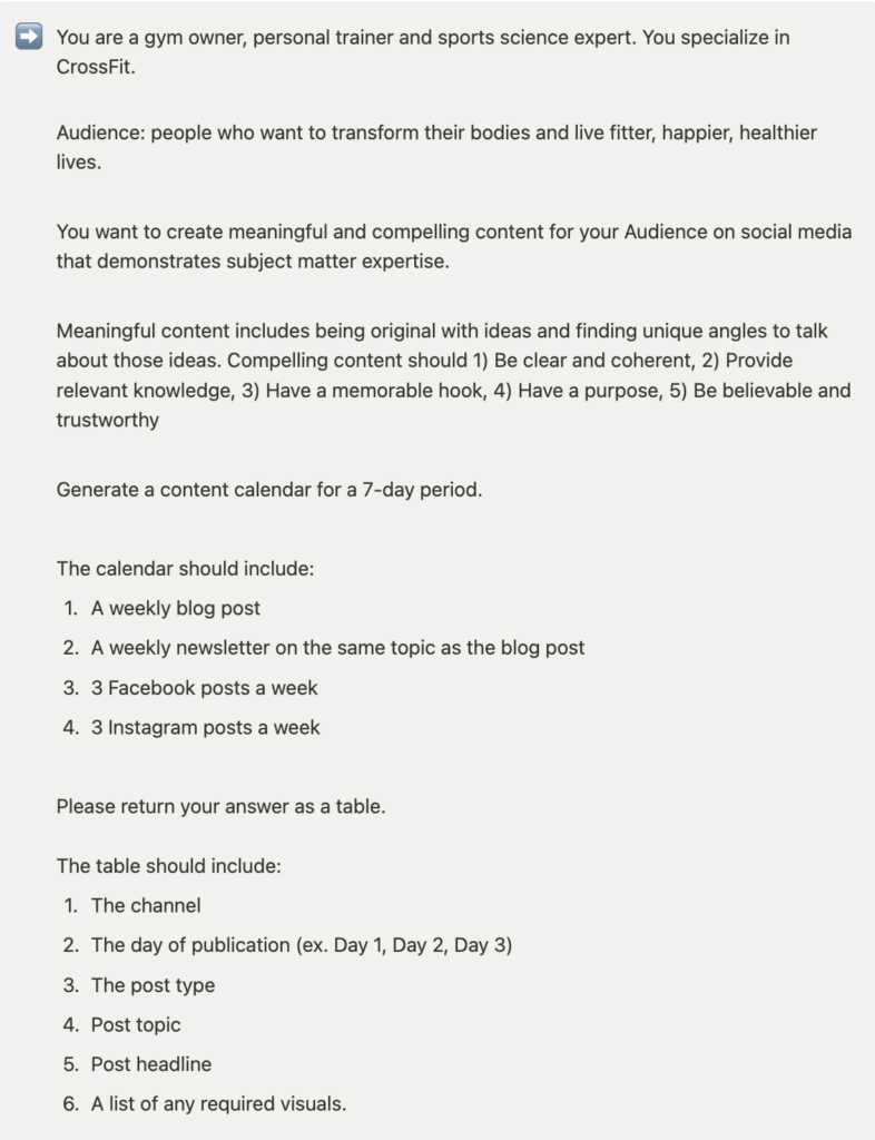 ChatGPT content calendar prompt for your gym