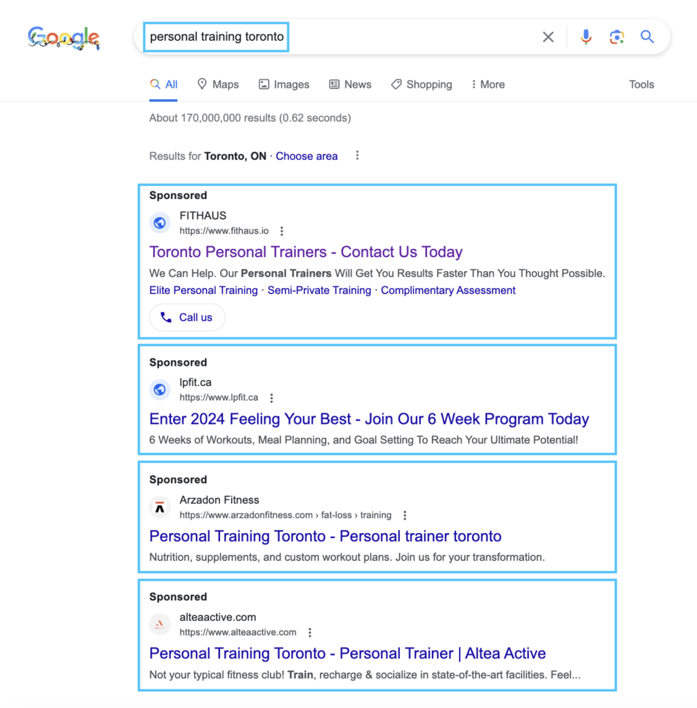 The Ultimate Guide to Running High-Converting Google Ads for Your Gym 1 Example of how Google Ads look for Personal Training gyms in Toronto